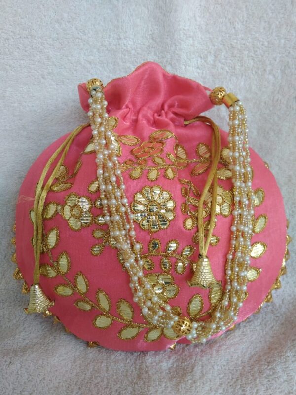 Gota Patti Beaded String Baby Pink Potli by Nandini Handicrafts