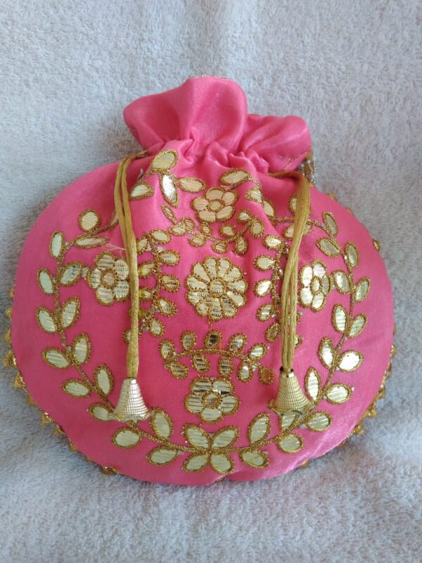 Gota Patti Beaded String Baby Pink Potli Bag by Nandini Handicrafts