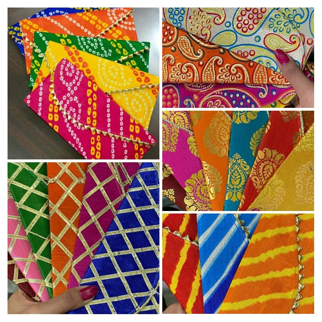 Bandhani, laheriya and gotta work shagun cash envelopes by Nandini Handicrafts Jaipur